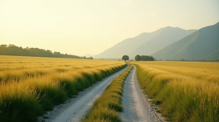 Obraz premium Serene Country Road Through Golden Fields at Sunset, Leading Towards Distant Mountains