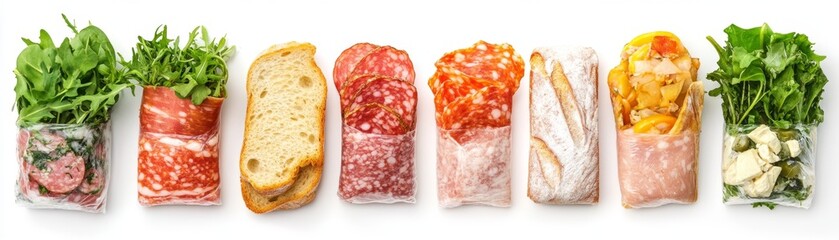Assorted Deli Meats and Fresh Greens on White Background