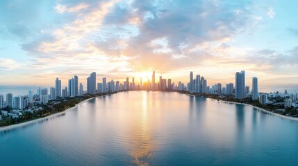 Fototapeta premium Coastal city skyline sunset, tranquil bay, buildings reflected, idyllic travel scene