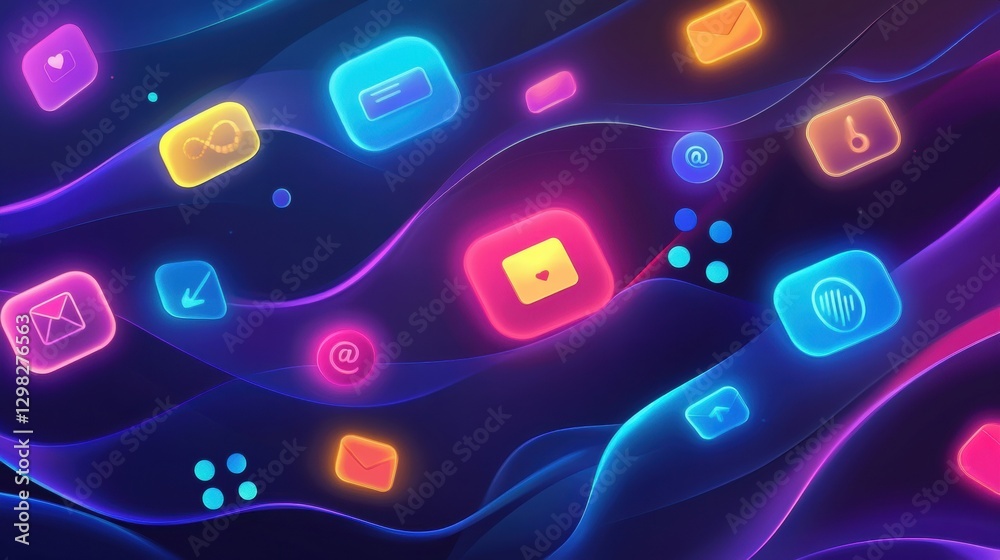 Poster bright digital icons flowing in vibrant waves on dark background with glowing colors at evening. gen