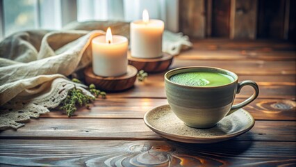 Serene morning ritual with a warm cup of matcha tea, complemented by the soft glow of candlelight and a cozy textile