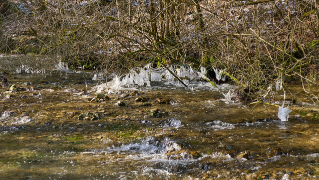 Eiszapfen am Ursprung des schwarzen Kochers, Kocherursprung, Oberkochen, Baden-W&uuml;rttemberg, Deutschland