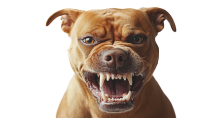 Dog displays fierce expression showcasing teeth and emotion in studio setting