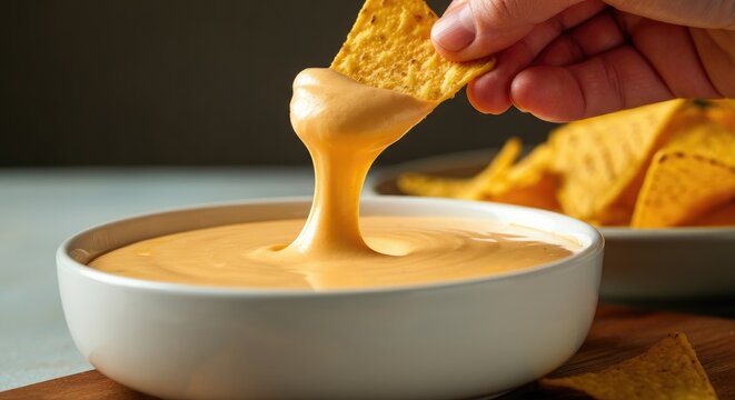 Hand dipping tortilla chip into creamy cheese sauce in white bowl