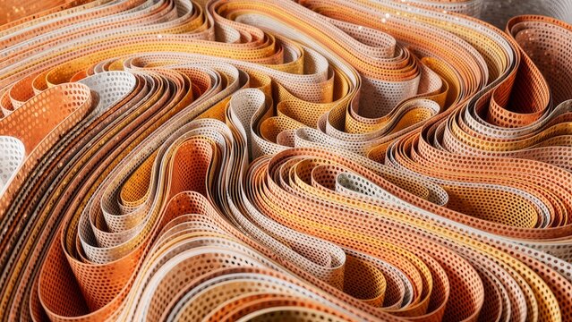 Metallic perforated ribbons in shades of gold, copper, and silver undulate and intertwine, forming a mesmerizing abstract pattern with varying perspectives