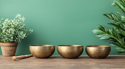 Three Vintage Style Brass Bowls with Green Background and Potted Plants on Wooden Table Surface