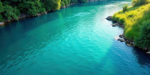 Serene River Scene Vibrant Teal Waters Flowing Through Lush Green Banks