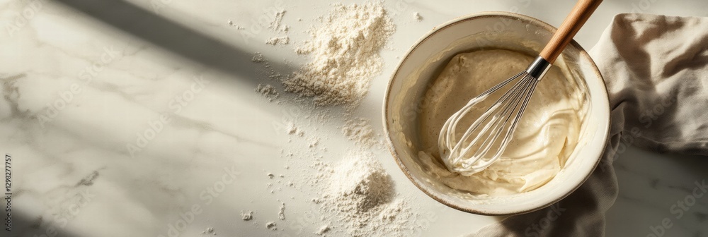 Fototapete mixing batter in a bowl on a marble countertop with flour scattered and a whisk resting inside. gene