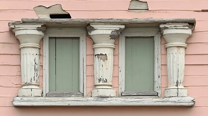 Weathered architectural window detail with classical columns and pink facade