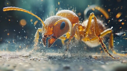 Ant Attack: Closeup of an Angry Ant Biting and Spraying Citric Acid on its Enemy