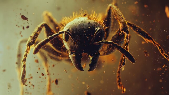 Ant Attack. Closeup of Angry Ant Biting and Spraying Citric Acid in Nature