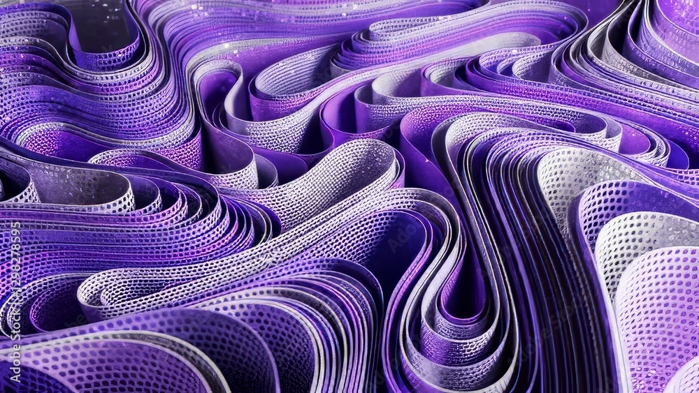 Poster smooth purple stripes waving and undulating with perforated pattern, generating mesmerizing digital 