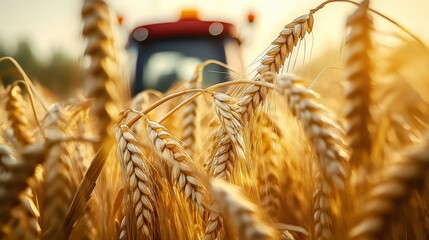 A picturesque view of golden wheat fields swaying gently in the breeze with a red tractor blurred in the background, capturing the beauty of the countryside and harvest season.