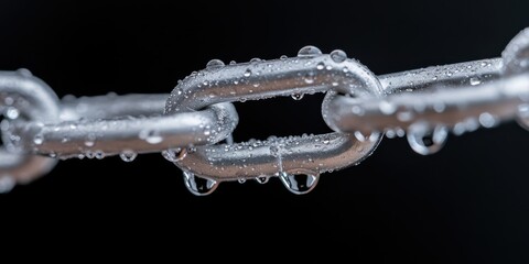Gleaming droplets adorn a close-up of a wet metal chain, capturing moments of strength and resilience in fine details.