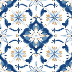Obraz premium Seamless Moroccan Tile Pattern with Dark Blue and Gold on White Background