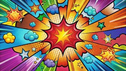 Fototapeta premium Vibrant Comic Book Style Explosion with Dynamic Starburst and Speech Bubbles Featuring a Multitude of Colors and Shapes, Perfect for Energetic and Exciting Designs