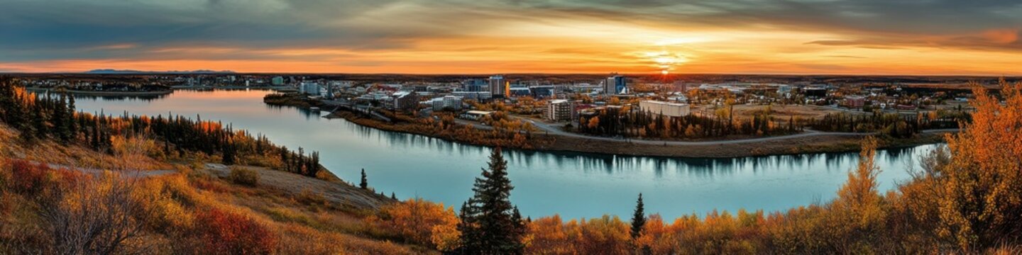 Bush Pilot's Monument Overlooking Yellowknife City at Dusk with Autumn Skyline