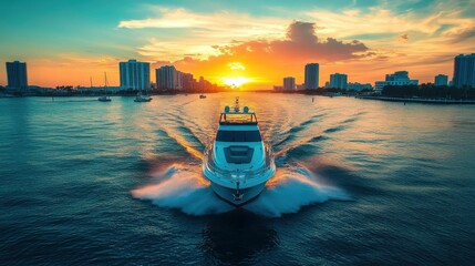 Cabin Cruiser. Luxury Yacht Sailing in Biscayne Bay, Miami Beach for Wealthy Recreation