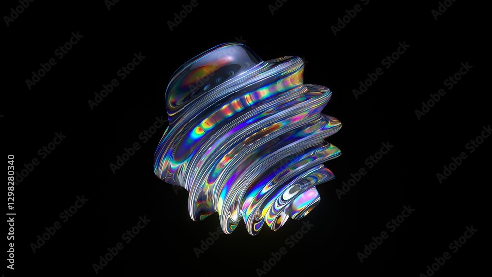 Poster iridescent glass sphere morphing dynamically, changing shape with fluid movements against dark backd
