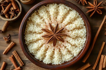 Arroz Doce: Traditional Brazilian Dessert Made of Rice and Condensed Milk, topped with Cinnamon on rustic wooden background
