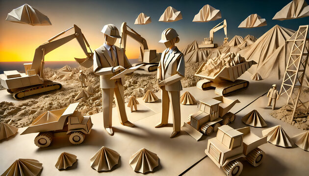 Origami-style construction site with paper workers, excavators, dump trucks, and machinery in a professional setting at sunset