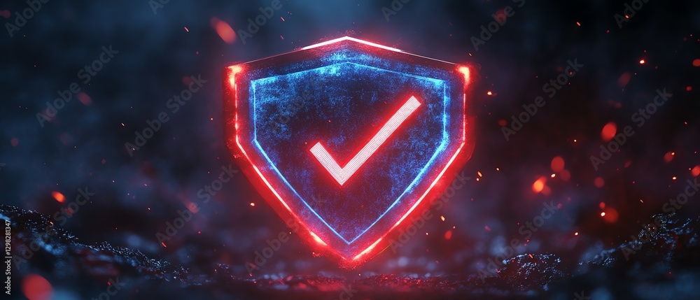 Poster futuristic 3d blue and red glowing shield with check marks