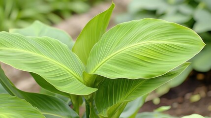 Obraz premium Canna Lily Close-Up: Fresh Green Leaf in Lush Garden Background
