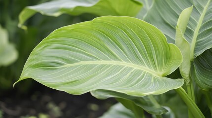Obraz premium Canna Lily Leaf Close Up: Fresh Green Exotic Plant in Garden Background