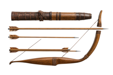 Traditional bow and arrow set displayed on a white background with various arrows arranged artistically