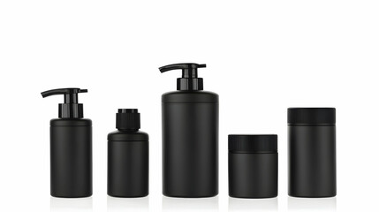 Black Matte Cosmetic Bottles And Containers Set On White Background