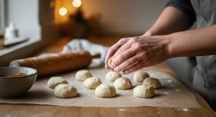 Person shaping dough balls on floured surface with rolling pin and spices nearby