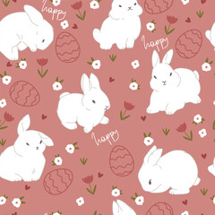 Cute Easter pattern with bunnies, flowers and eggs, word happy. Seamless pattern with animals for Easter.