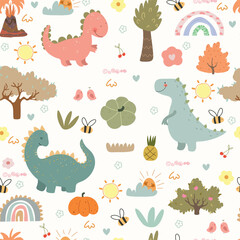 Hand drawn dino and nature, seamless pattern. Cute animals, plants, rainbows and abstract figure. Kids pattern.	
