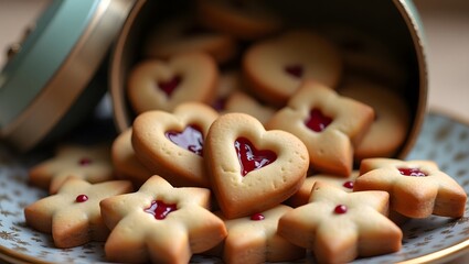 photograph of a tin overflowing with an assortment of homemade cookies, including heart-shaped cookies with a vibrant red jam filling in the center