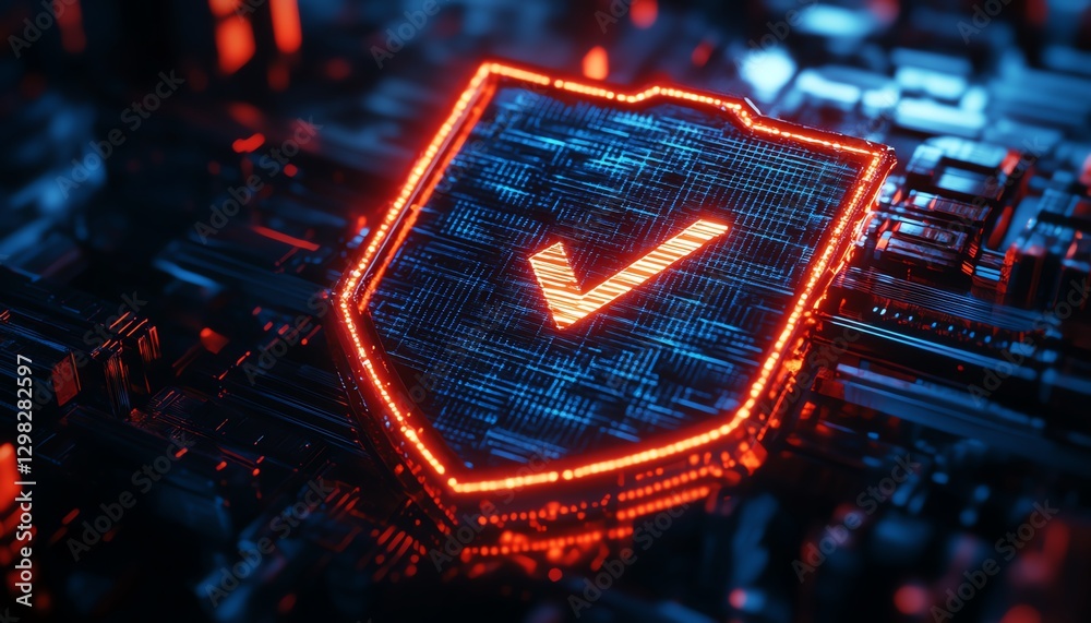 Poster 3d blue and red glowing shield with check marks
