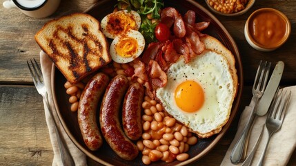 Traditional Hearty Breakfast Plate with Eggs, Bacon, and Sausages