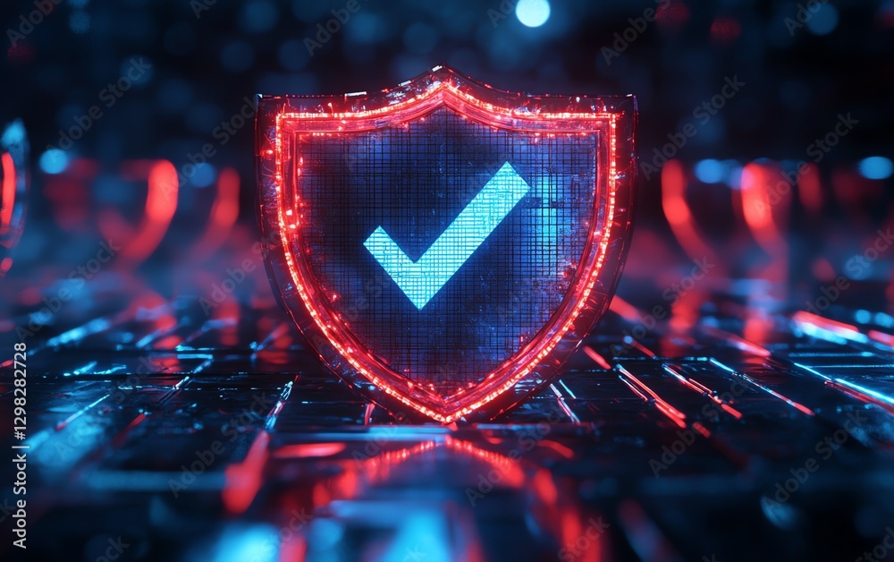 Poster 3D glowing blue and red shield with check marks
