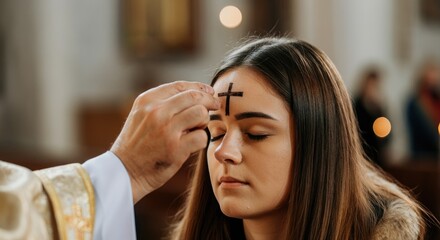 Young woman receives ash cross on her forehead during religious ceremony