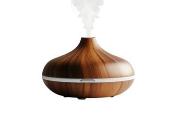 Elegant wooden aroma diffuser emitting steam in a tranquil setting