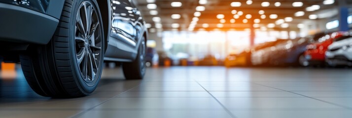 Fototapeta premium A Sleek Close-Up View of a Modern Car Tire on a Polished Floor in a Brightly Lit Automotive Showroom with Various Vehicles Displayed in the Background