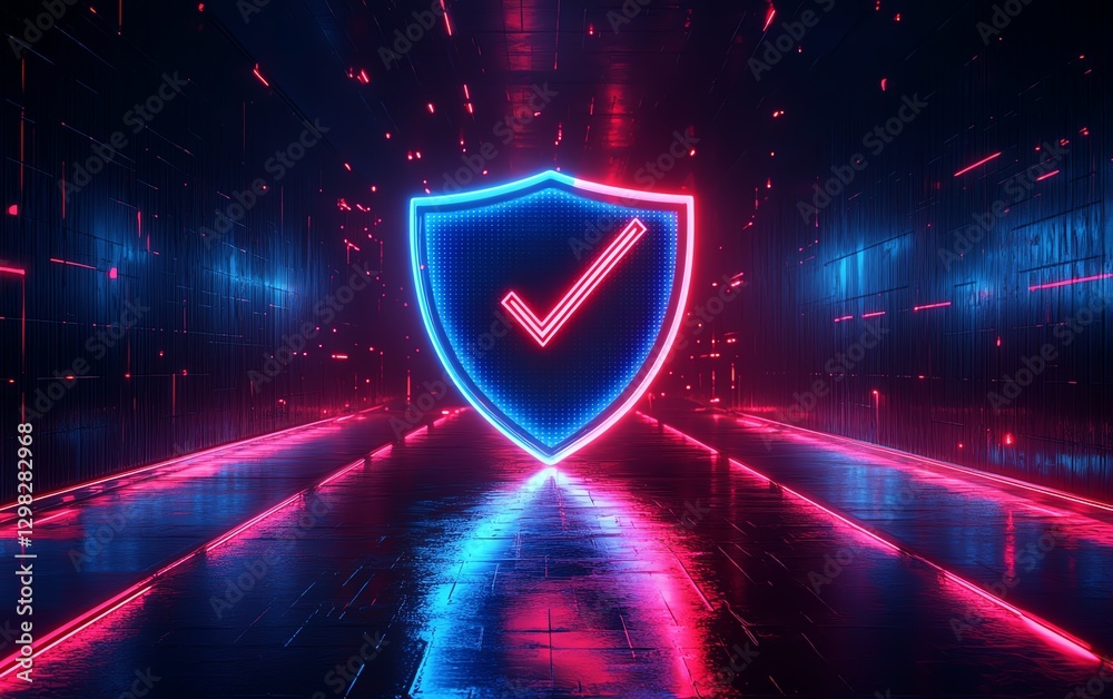 Fototapete 3d rendering of glowing blue and red shield with check marks