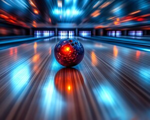 A bowling ball striking a set of pins on a wooden lane, motion blur, intense action shot, highresolution, dramatic lighting, fastpaced scene
