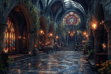 Fototapeta premium Candlelit Gothic Cathedral with Stained Glass Windows and Stone Architecture