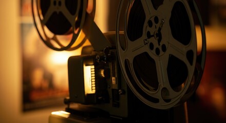 Obraz premium Close-up of vintage film projector with reels in dimly lit room