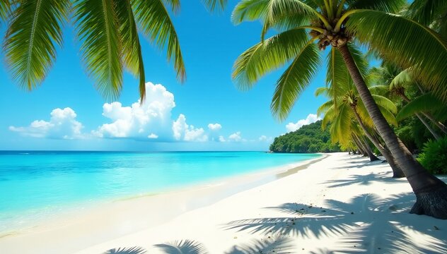 Sandy tropical beach with palm trees and turquoise water, sand, paradise - Powered by Adobe