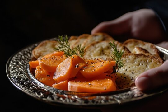 Carrot Tzimmes: Traditional Jewish Sweet Dish on Blackboard Background
