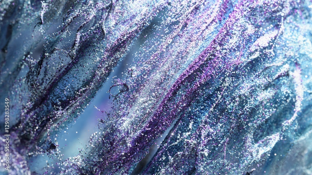 Poster shimmering particles swirl, mix, and transform, creating a mesmerizing display of color and light, p