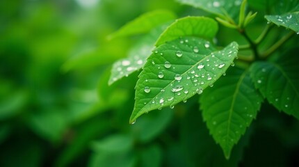 Peaceful Morning Dew Drops on Green Leaf in Garden