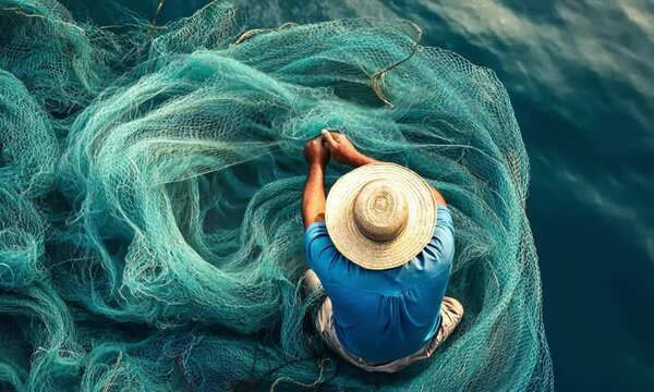A fisherman in a straw hat seated amid a blue-green fishing net on the water.