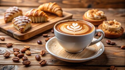 Aromatic Coffee with Exquisite Latte Art and Sweet Pastries on Rustic Wooden Table